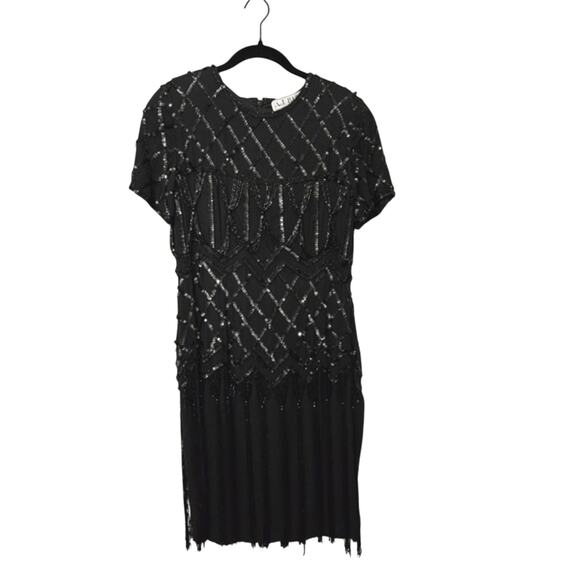 aj bari sequin dress Vintage A.J. Bari Black & Gold Sequin, Black Bead accent Cocktail Dress, 6
